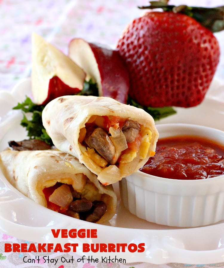 Veggie Breakfast Burritos | Can't Stay Out of the Kitchen | these delicious #burritos are terrific for on-the-go breakfasts. They can be refrigerated or frozen and microwaved just before you're heading out the door! This #healthy #breakfast option is wonderful for company or #MeatlessMondays too. #tomatoes #bellpeppers #mushrooms #tortillas #CheddarCheese #eggs #holiday #HolidayBreakfast #VeggieBreakfastBurritos #BreakfastBurritos #HealthyBreakfastBurritos