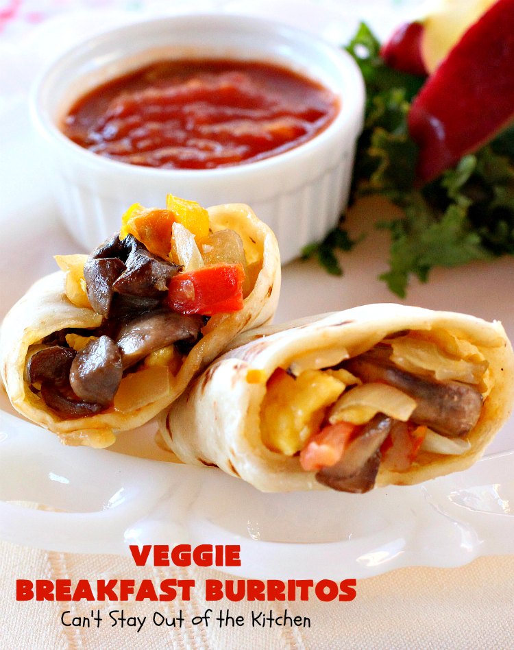 Veggie Breakfast Burritos | Can't Stay Out of the Kitchen | these delicious #burritos are terrific for on-the-go breakfasts. They can be refrigerated or frozen and microwaved just before you're heading out the door! This #healthy #breakfast option is wonderful for company or #MeatlessMondays too. #tomatoes #bellpeppers #mushrooms #tortillas #CheddarCheese #eggs #holiday #HolidayBreakfast #VeggieBreakfastBurritos #BreakfastBurritos #HealthyBreakfastBurritos