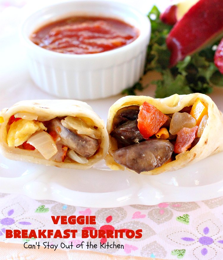 Veggie Breakfast Burritos | Can't Stay Out of the Kitchen | these delicious #burritos are terrific for on-the-go breakfasts. They can be refrigerated or frozen and microwaved just before you're heading out the door! This #healthy #breakfast option is wonderful for company or #MeatlessMondays too. #tomatoes #bellpeppers #mushrooms #tortillas #CheddarCheese #eggs #holiday #HolidayBreakfast #VeggieBreakfastBurritos #BreakfastBurritos #HealthyBreakfastBurritos