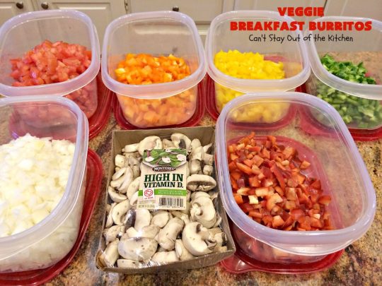 Veggie Breakfast Burritos | Can't Stay Out of the Kitchen | these delicious #burritos are terrific for on-the-go breakfasts. They can be refrigerated or frozen and microwaved just before you're heading out the door! This #healthy #breakfast option is wonderful for company or #MeatlessMondays too. #tomatoes #bellpeppers #mushrooms #tortillas #CheddarCheese #eggs #holiday #HolidayBreakfast #VeggieBreakfastBurritos #BreakfastBurritos #HealthyBreakfastBurritos