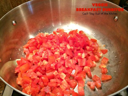 Veggie Breakfast Burritos | Can't Stay Out of the Kitchen | these delicious #burritos are terrific for on-the-go breakfasts. They can be refrigerated or frozen and microwaved just before you're heading out the door! This #healthy #breakfast option is wonderful for company or #MeatlessMondays too. #tomatoes #bellpeppers #mushrooms #tortillas #CheddarCheese #eggs #holiday #HolidayBreakfast #VeggieBreakfastBurritos #BreakfastBurritos #HealthyBreakfastBurritos