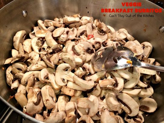 Veggie Breakfast Burritos | Can't Stay Out of the Kitchen | these delicious #burritos are terrific for on-the-go breakfasts. They can be refrigerated or frozen and microwaved just before you're heading out the door! This #healthy #breakfast option is wonderful for company or #MeatlessMondays too. #tomatoes #bellpeppers #mushrooms #tortillas #CheddarCheese #eggs #holiday #HolidayBreakfast #VeggieBreakfastBurritos #BreakfastBurritos #HealthyBreakfastBurritos