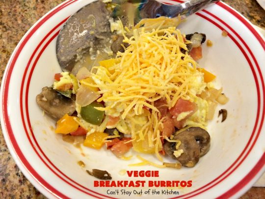 Veggie Breakfast Burritos | Can't Stay Out of the Kitchen | these delicious #burritos are terrific for on-the-go breakfasts. They can be refrigerated or frozen and microwaved just before you're heading out the door! This #healthy #breakfast option is wonderful for company or #MeatlessMondays too. #tomatoes #bellpeppers #mushrooms #tortillas #CheddarCheese #eggs #holiday #HolidayBreakfast #VeggieBreakfastBurritos #BreakfastBurritos #HealthyBreakfastBurritos