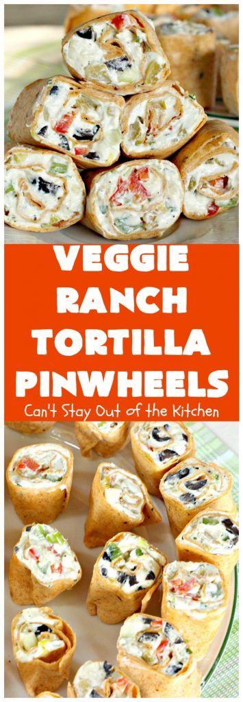 Veggie Ranch Tortilla Pinwheels | Can't Stay Out of the Kitchen | these #TexMex #appetizers are heavenly! They're made with a cream cheese & #Ranch dressing mix base. Then filled with green #chilies, #bacon, #olives & #peppers. Perfect for #tailgating, #NewYearsEve or #SuperBowl parties!