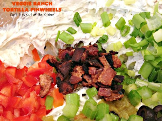 Veggie Ranch Tortilla Pinwheels | Can't Stay Out of the Kitchen | these #TexMex #appetizers are heavenly! They're made with a cream cheese & #Ranch dressing mix base. Then filled with green #chilies, #bacon, #olives & #peppers. Perfect for #tailgating, #NewYearsEve or #SuperBowl parties!