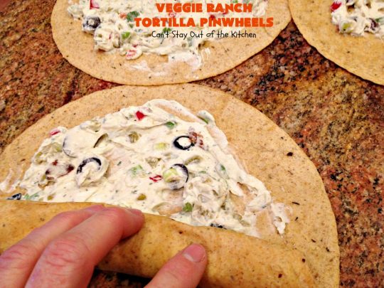 Veggie Ranch Tortilla Pinwheels | Can't Stay Out of the Kitchen | these #TexMex #appetizers are heavenly! They're made with a cream cheese & #Ranch dressing mix base. Then filled with green #chilies, #bacon, #olives & #peppers. Perfect for #tailgating, #NewYearsEve or #SuperBowl parties!