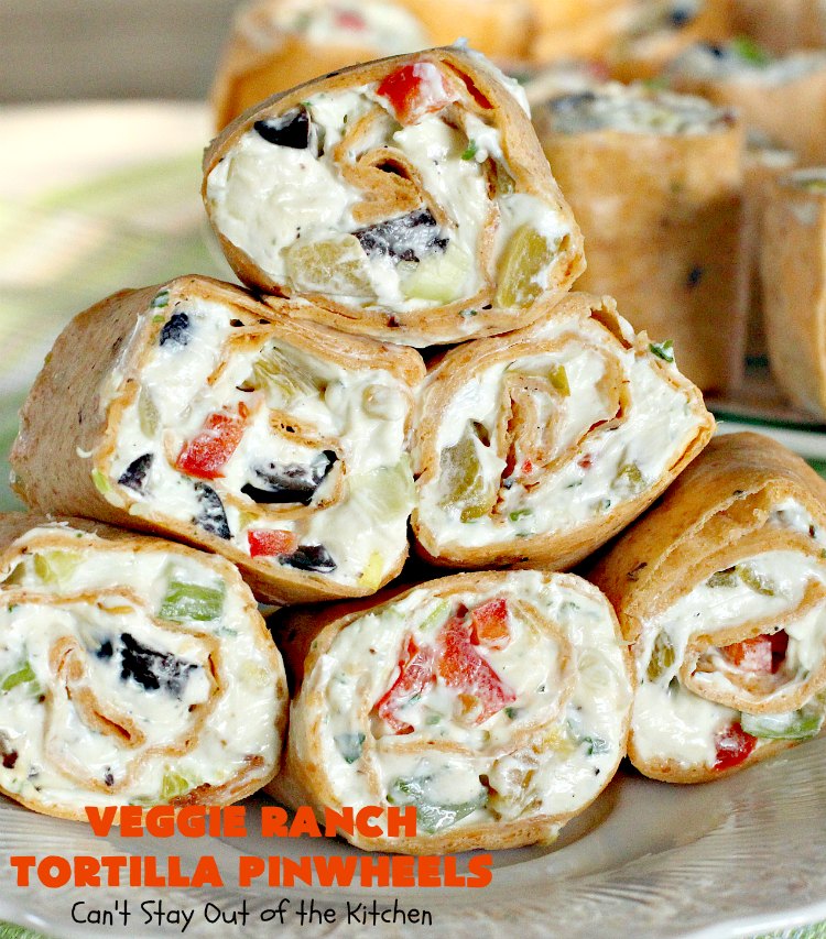 Veggie Ranch Tortilla Pinwheels | Can't Stay Out of the Kitchen | these #TexMex #appetizers are heavenly! They're made with a cream cheese & #Ranch dressing mix base. Then filled with green #chilies, #bacon, #olives & #peppers. Perfect for #tailgating, #NewYearsEve or #SuperBowl parties!