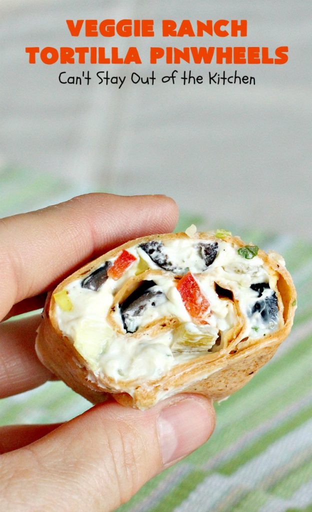 Veggie Ranch Tortilla Pinwheels | Can't Stay Out of the Kitchen | these #TexMex #appetizers are heavenly! They're made with a cream cheese & #Ranch dressing mix base. Then filled with green #chilies, #bacon, #olives & #peppers. Perfect for #tailgating, #NewYearsEve or #SuperBowl parties!