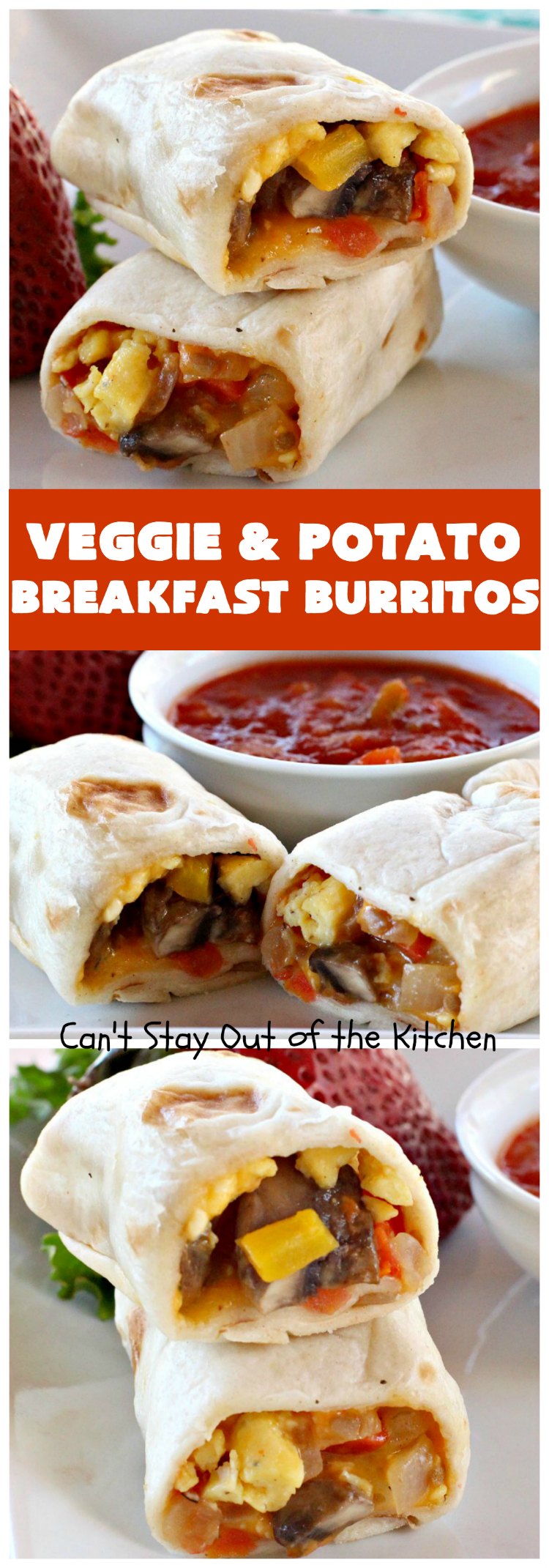 Veggie and Potato Breakfast Burritos | Can't Stay Out of the Kitchen | these delightful #BreakfastBurritos are awesome for a weekend, company or #holiday #breakfast. They can easily be prepared & frozen in advance & then microwaved before serving. Terrific for a grab and go breakfast too. #Tortillas #eggs #CheddarCheese #mushrooms #potatoes #Vegetarian #vegetables #VeggieAndPotatoBreakfastBurritos #brunch #HolidayBreakfast #MeatlessMondays