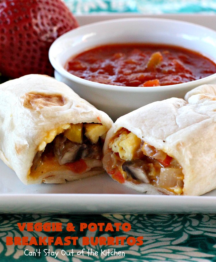 Veggie and Potato Breakfast Burritos | Can't Stay Out of the Kitchen | these delightful #BreakfastBurritos are awesome for a weekend, company or #holiday #breakfast. They can easily be prepared & frozen in advance & then microwaved before serving. Terrific for a grab and go breakfast too. #Tortillas #eggs #CheddarCheese #mushrooms #potatoes #Vegetarian #vegetables #VeggieAndPotatoBreakfastBurritos #brunch #HolidayBreakfast #MeatlessMondays