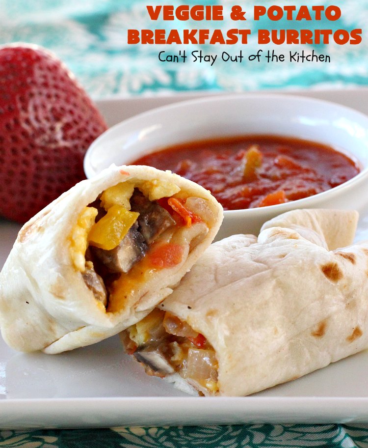 Veggie and Potato Breakfast Burritos | Can't Stay Out of the Kitchen | these delightful #BreakfastBurritos are awesome for a weekend, company or #holiday #breakfast. They can easily be prepared & frozen in advance & then microwaved before serving. Terrific for a grab and go breakfast too. #Tortillas #eggs #CheddarCheese #mushrooms #potatoes #Vegetarian #vegetables #VeggieAndPotatoBreakfastBurritos #brunch #HolidayBreakfast #MeatlessMondays