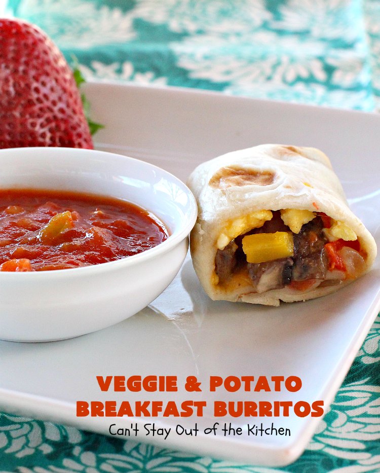 Veggie and Potato Breakfast Burritos | Can't Stay Out of the Kitchen | these delightful #BreakfastBurritos are awesome for a weekend, company or #holiday #breakfast. They can easily be prepared & frozen in advance & then microwaved before serving. Terrific for a grab and go breakfast too. #Tortillas #eggs #CheddarCheese #mushrooms #potatoes #Vegetarian #vegetables #VeggieAndPotatoBreakfastBurritos #brunch #HolidayBreakfast #MeatlessMondays