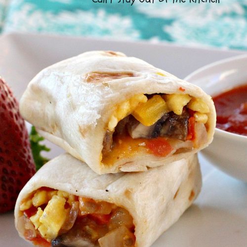 Veggie and Potato Breakfast Burritos | Can't Stay Out of the Kitchen | these delightful #BreakfastBurritos are awesome for a weekend, company or #holiday #breakfast. They can easily be prepared & frozen in advance & then microwaved before serving. Terrific for a grab and go breakfast too. #Tortillas #eggs #CheddarCheese #mushrooms #potatoes #Vegetarian #vegetables #VeggieAndPotatoBreakfastBurritos #brunch #HolidayBreakfast #MeatlessMondays