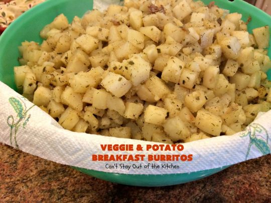 Veggie and Potato Breakfast Burritos | Can't Stay Out of the Kitchen | these delightful #BreakfastBurritos are awesome for a weekend, company or #holiday #breakfast. They can easily be prepared & frozen in advance & then microwaved before serving. Terrific for a grab and go breakfast too. #Tortillas #eggs #CheddarCheese #mushrooms #potatoes #Vegetarian #vegetables #VeggieAndPotatoBreakfastBurritos #brunch #HolidayBreakfast #MeatlessMondays