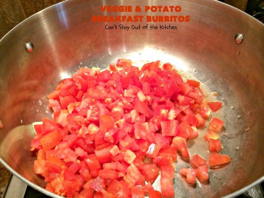Veggie and Potato Breakfast Burritos | Can't Stay Out of the Kitchen | these delightful #BreakfastBurritos are awesome for a weekend, company or #holiday #breakfast. They can easily be prepared & frozen in advance & then microwaved before serving. Terrific for a grab and go breakfast too. #Tortillas #eggs #CheddarCheese #mushrooms #potatoes #Vegetarian #vegetables #VeggieAndPotatoBreakfastBurritos #brunch #HolidayBreakfast #MeatlessMondays