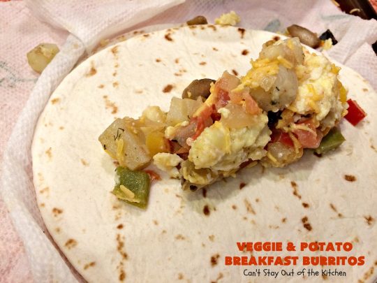 Veggie and Potato Breakfast Burritos | Can't Stay Out of the Kitchen | these delightful #BreakfastBurritos are awesome for a weekend, company or #holiday #breakfast. They can easily be prepared & frozen in advance & then microwaved before serving. Terrific for a grab and go breakfast too. #Tortillas #eggs #CheddarCheese #mushrooms #potatoes #Vegetarian #vegetables #VeggieAndPotatoBreakfastBurritos #brunch #HolidayBreakfast #MeatlessMondays