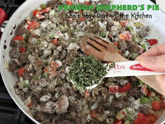 Venison Shepherd's Pie | Can't Stay Out of the Kitchen | this is a fantastic #recipe for Big Game hunters - whether for #deer or #elk. It's covered with a scrumptious #MashedPotatoes layer filled with #CheddarCheese & #ParmesanCheese. It's incredibly tasty and wonderful for family or company dinners or #potlucks. #ShepherdsPie #VenisonShepherdsPie #DeerPie #venison #VenisonPie #GlutenFree #GroundDeerMeat