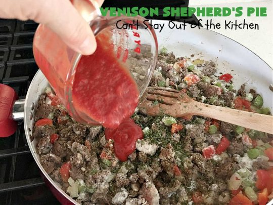 Venison Shepherd's Pie | Can't Stay Out of the Kitchen | this is a fantastic #recipe for Big Game hunters - whether for #deer or #elk. It's covered with a scrumptious #MashedPotatoes layer filled with #CheddarCheese & #ParmesanCheese. It's incredibly tasty and wonderful for family or company dinners or #potlucks. #ShepherdsPie #VenisonShepherdsPie #DeerPie #venison #VenisonPie #GlutenFree #GroundDeerMeat