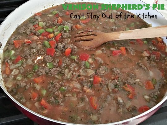 Venison Shepherd's Pie | Can't Stay Out of the Kitchen | this is a fantastic #recipe for Big Game hunters - whether for #deer or #elk. It's covered with a scrumptious #MashedPotatoes layer filled with #CheddarCheese & #ParmesanCheese. It's incredibly tasty and wonderful for family or company dinners or #potlucks. #ShepherdsPie #VenisonShepherdsPie #DeerPie #venison #VenisonPie #GlutenFree #GroundDeerMeat