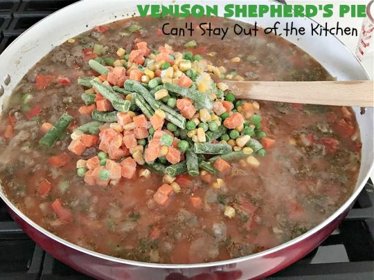 Venison Shepherd's Pie | Can't Stay Out of the Kitchen | this is a fantastic #recipe for Big Game hunters - whether for #deer or #elk. It's covered with a scrumptious #MashedPotatoes layer filled with #CheddarCheese & #ParmesanCheese. It's incredibly tasty and wonderful for family or company dinners or #potlucks. #ShepherdsPie #VenisonShepherdsPie #DeerPie #venison #VenisonPie #GlutenFree #GroundDeerMeat