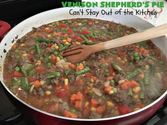 Venison Shepherd's Pie | Can't Stay Out of the Kitchen | this is a fantastic #recipe for Big Game hunters - whether for #deer or #elk. It's covered with a scrumptious #MashedPotatoes layer filled with #CheddarCheese & #ParmesanCheese. It's incredibly tasty and wonderful for family or company dinners or #potlucks. #ShepherdsPie #VenisonShepherdsPie #DeerPie #venison #VenisonPie #GlutenFree #GroundDeerMeat