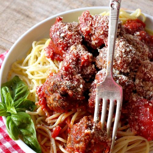 Venison Spaghetti and Meatballs | Can't Stay Out of the Kitchen | this #SpaghettiAndMeatballs version can't be beat! It takes the best of #spaghetti & #meatballs but uses #venison instead. No one will ever believe you're using #DeerMeat instead of #beef! This #LowCalorie entree will knock your socks off! #Italian #pasta #VenisonSpaghettiAndMeatballs
