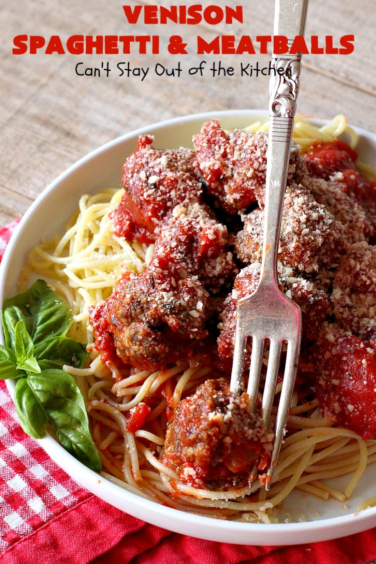 Venison Spaghetti and Meatballs | Can't Stay Out of the Kitchen | this #SpaghettiAndMeatballs version can't be beat! It takes the best of #spaghetti & #meatballs but uses #venison instead. No one will ever believe you're using #DeerMeat instead of #beef! This #LowCalorie entree will knock your socks off! #Italian #pasta #VenisonSpaghettiAndMeatballs