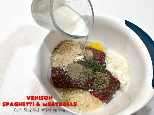 Venison Spaghetti and Meatballs | Can't Stay Out of the Kitchen | this #SpaghettiAndMeatballs version can't be beat! It takes the best of #spaghetti & #meatballs but uses #venison instead. No one will ever believe you're using #DeerMeat instead of #beef! This #LowCalorie entree will knock your socks off! #Italian #pasta #VenisonSpaghettiAndMeatballs