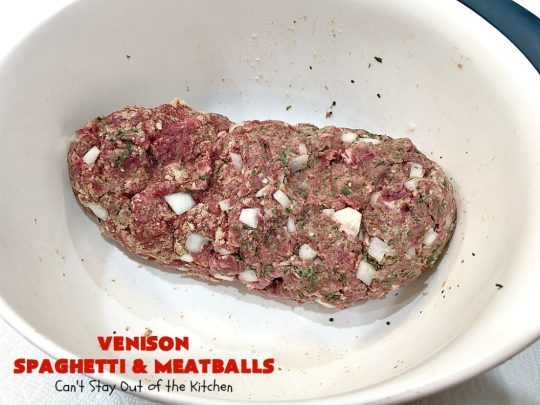 Venison Spaghetti and Meatballs | Can't Stay Out of the Kitchen | this #SpaghettiAndMeatballs version can't be beat! It takes the best of #spaghetti & #meatballs but uses #venison instead. No one will ever believe you're using #DeerMeat instead of #beef! This #LowCalorie entree will knock your socks off! #Italian #pasta #VenisonSpaghettiAndMeatballs