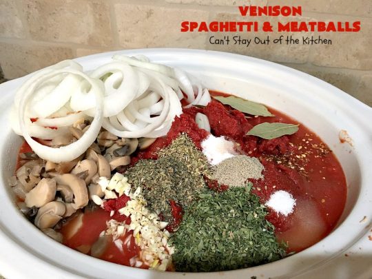 Venison Spaghetti and Meatballs | Can't Stay Out of the Kitchen | this #SpaghettiAndMeatballs version can't be beat! It takes the best of #spaghetti & #meatballs but uses #venison instead. No one will ever believe you're using #DeerMeat instead of #beef! This #LowCalorie entree will knock your socks off! #Italian #pasta #VenisonSpaghettiAndMeatballs