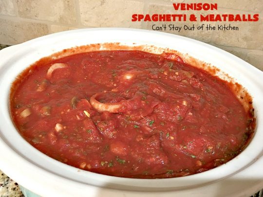 Venison Spaghetti and Meatballs | Can't Stay Out of the Kitchen | this #SpaghettiAndMeatballs version can't be beat! It takes the best of #spaghetti & #meatballs but uses #venison instead. No one will ever believe you're using #DeerMeat instead of #beef! This #LowCalorie entree will knock your socks off! #Italian #pasta #VenisonSpaghettiAndMeatballs
