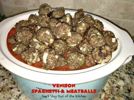 Venison Spaghetti and Meatballs | Can't Stay Out of the Kitchen | this #SpaghettiAndMeatballs version can't be beat! It takes the best of #spaghetti & #meatballs but uses #venison instead. No one will ever believe you're using #DeerMeat instead of #beef! This #LowCalorie entree will knock your socks off! #Italian #pasta #VenisonSpaghettiAndMeatballs