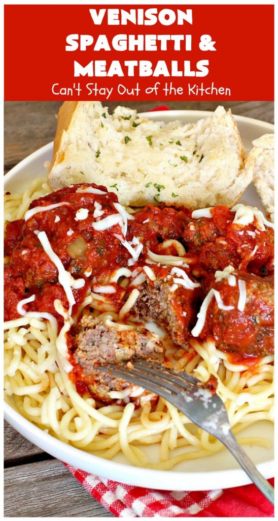 Venison Spaghetti and Meatballs | Can't Stay Out of the Kitchen | this #SpaghettiAndMeatballs version can't be beat! It takes the best of #spaghetti & #meatballs but uses #venison instead. No one will ever believe you're using #DeerMeat instead of #beef! This #LowCalorie entree will knock your socks off! #Italian #pasta #VenisonSpaghettiAndMeatballs