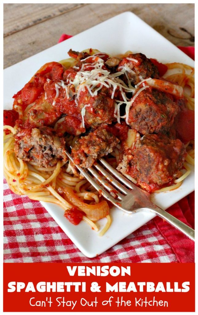 Venison Spaghetti and Meatballs | Can't Stay Out of the Kitchen | this #SpaghettiAndMeatballs version can't be beat! It takes the best of #spaghetti & #meatballs but uses #venison instead. No one will ever believe you're using #DeerMeat instead of #beef! This #LowCalorie entree will knock your socks off! #Italian #pasta #VenisonSpaghettiAndMeatballs