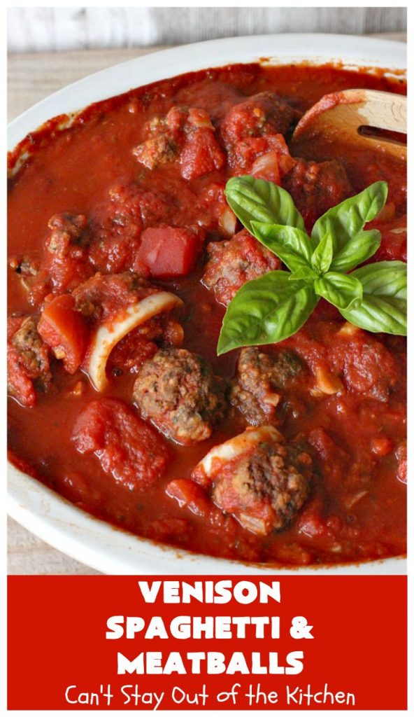 Venison Spaghetti and Meatballs | Can't Stay Out of the Kitchen | this #SpaghettiAndMeatballs version can't be beat! It takes the best of #spaghetti & #meatballs but uses #venison instead. No one will ever believe you're using #DeerMeat instead of #beef! This #LowCalorie entree will knock your socks off! #Italian #pasta #VenisonSpaghettiAndMeatballs