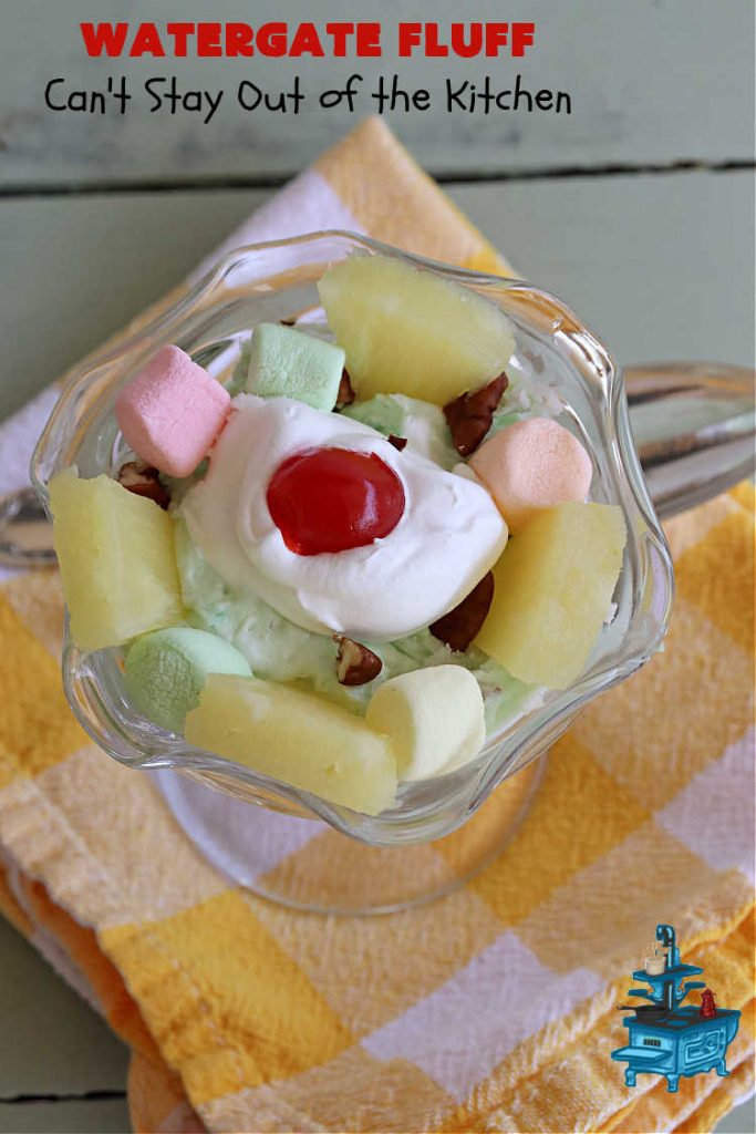 Watergate Fluff | Can't Stay Out of the Kitchen | this luscious #salad includes #pineapple #PistachioPuddingMix #CoolWhip, #pecans, #coconut & #marshmallows. It's so easy to prepare & great for any potluck, #holiday or company dinner. Everyone raves over this scrumptious #SideDish. #WatergateSalad #WatergateFluff