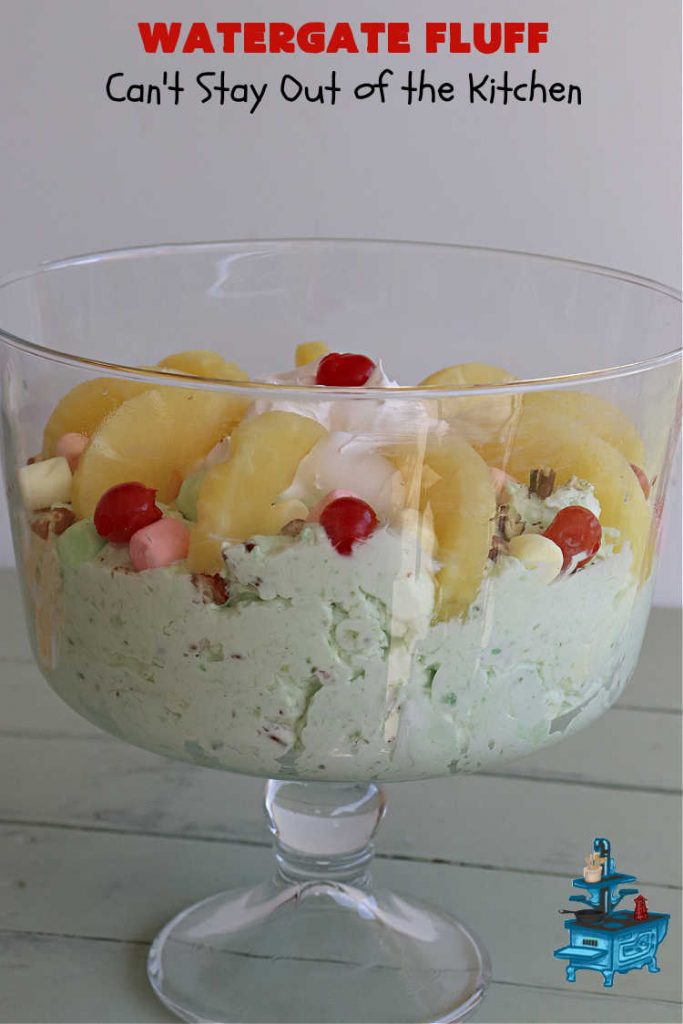 Watergate Fluff | Can't Stay Out of the Kitchen | this luscious #salad includes #pineapple #PistachioPuddingMix #CoolWhip, #pecans, #coconut & #marshmallows. It's so easy to prepare & great for any potluck, #holiday or company dinner. Everyone raves over this scrumptious #SideDish. #WatergateSalad #WatergateFluff