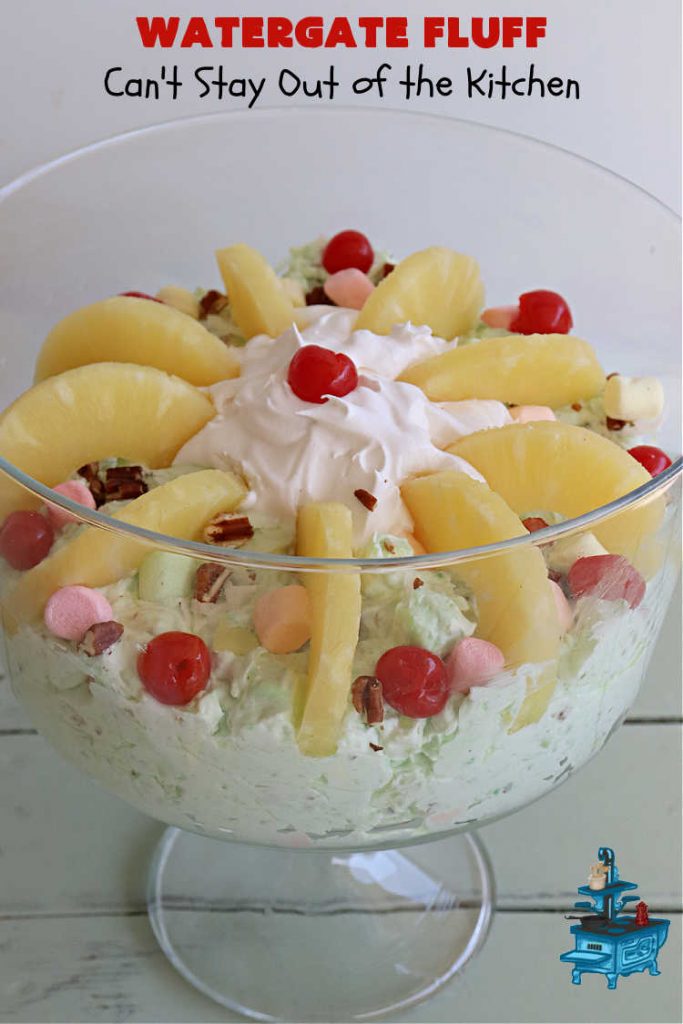 Watergate Fluff | Can't Stay Out of the Kitchen | this luscious #salad includes #pineapple #PistachioPuddingMix #CoolWhip, #pecans, #coconut & #marshmallows. It's so easy to prepare & great for any potluck, #holiday or company dinner. Everyone raves over this scrumptious #SideDish. #WatergateSalad #WatergateFluff