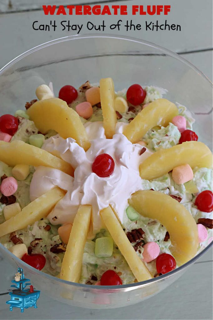 Watergate Fluff | Can't Stay Out of the Kitchen | this luscious #salad includes #pineapple #PistachioPuddingMix #CoolWhip, #pecans, #coconut & #marshmallows. It's so easy to prepare & great for any potluck, #holiday or company dinner. Everyone raves over this scrumptious #SideDish. #WatergateSalad #WatergateFluffWatergate Fluff | Can't Stay Out of the Kitchen | this luscious #salad includes #pineapple #PistachioPuddingMix #CoolWhip, #pecans, #coconut & #marshmallows. It's so easy to prepare & great for any potluck, #holiday or company dinner. Everyone raves over this scrumptious #SideDish. #WatergateSalad #WatergateFluff