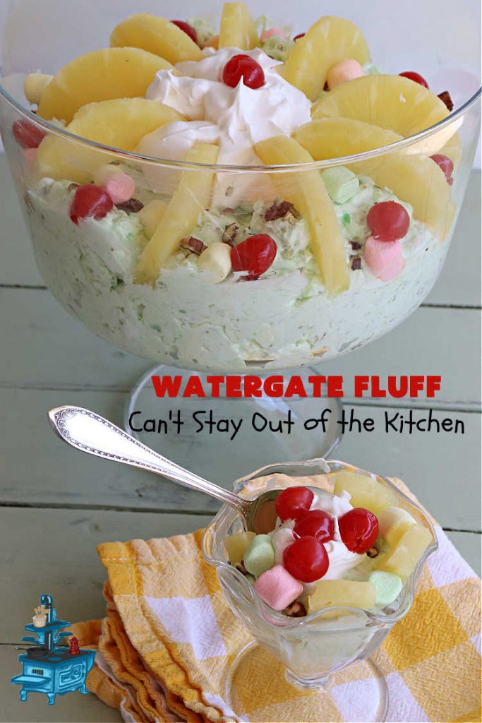 Watergate Fluff | Can't Stay Out of the Kitchen | this luscious #salad includes #pineapple #PistachioPuddingMix #CoolWhip, #pecans, #coconut & #marshmallows. It's so easy to prepare & great for any potluck, #holiday or company dinner. Everyone raves over this scrumptious #SideDish. #WatergateSalad #WatergateFluff