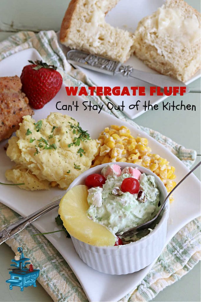 Watergate Fluff | Can't Stay Out of the Kitchen | this luscious #salad includes #pineapple #PistachioPuddingMix #CoolWhip, #pecans, #coconut & #marshmallows. It's so easy to prepare & great for any potluck, #holiday or company dinner. Everyone raves over this scrumptious #SideDish. #WatergateSalad #WatergateFluffWatergate Fluff | Can't Stay Out of the Kitchen | this luscious #salad includes #pineapple #PistachioPuddingMix #CoolWhip, #pecans, #coconut & #marshmallows. It's so easy to prepare & great for any potluck, #holiday or company dinner. Everyone raves over this scrumptious #SideDish. #WatergateSalad #WatergateFluff
