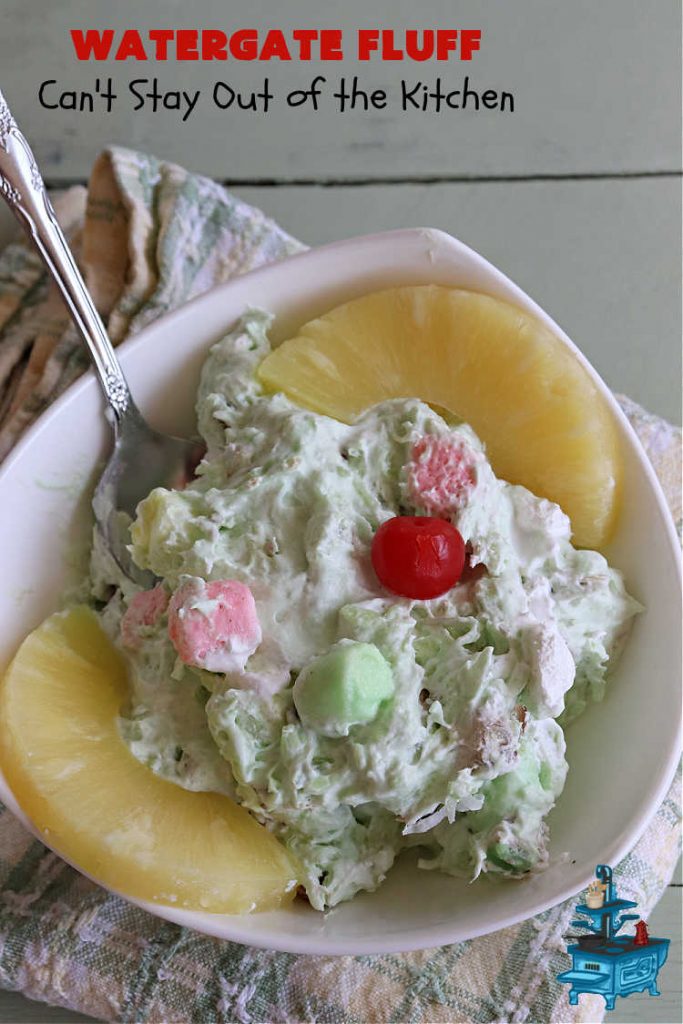Watergate Fluff | Can't Stay Out of the Kitchen | this luscious #salad includes #pineapple #PistachioPuddingMix #CoolWhip, #pecans, #coconut & #marshmallows. It's so easy to prepare & great for any potluck, #holiday or company dinner. Everyone raves over this scrumptious #SideDish. #WatergateSalad #WatergateFluff