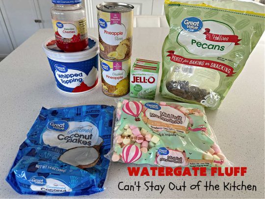 Watergate Fluff | Can't Stay Out of the Kitchen | this luscious #salad includes #pineapple #PistachioPuddingMix #CoolWhip, #pecans, #coconut & #marshmallows. It's so easy to prepare & great for any potluck, #holiday or company dinner. Everyone raves over this scrumptious #SideDish. #WatergateSalad #WatergateFluff