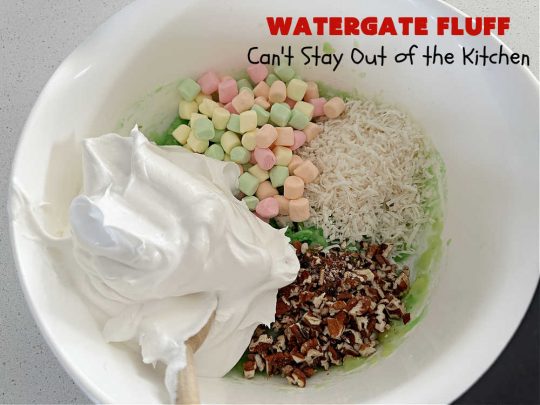 Watergate Fluff | Can't Stay Out of the Kitchen | this luscious #salad includes #pineapple #PistachioPuddingMix #CoolWhip, #pecans, #coconut & #marshmallows. It's so easy to prepare & great for any potluck, #holiday or company dinner. Everyone raves over this scrumptious #SideDish. #WatergateSalad #WatergateFluff