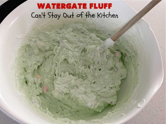 Watergate Fluff | Can't Stay Out of the Kitchen | this luscious #salad includes #pineapple #PistachioPuddingMix #CoolWhip, #pecans, #coconut & #marshmallows. It's so easy to prepare & great for any potluck, #holiday or company dinner. Everyone raves over this scrumptious #SideDish. #WatergateSalad #WatergateFluff