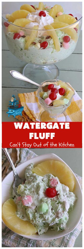 Watergate Fluff | Can't Stay Out of the Kitchen | this luscious #salad includes #pineapple #PistachioPuddingMix #CoolWhip, #pecans, #coconut & #marshmallows. It's so easy to prepare & great for any potluck, #holiday or company dinner. Everyone raves over this scrumptious #SideDish. #WatergateSalad #WatergateFluff