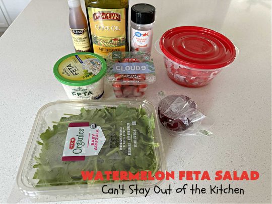 Watermelon Feta Salad | Can't Stay Out of the Kitchen | this fantastic #salad is #healthy, #SugarFree, #GlutenFree & #LowCalorie. It's fabulous to whip up for potlucks or company but easy enough for everyday menus. The combination of flavors with the #SaladDressing is mouthwatering & irresistible. #watermelon #GrapeTomatoes #FetaCheese #BalsamicVinaigrette #WatermelonFetaSalad