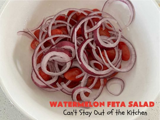 Watermelon Feta Salad | Can't Stay Out of the Kitchen | this fantastic #salad is #healthy, #SugarFree, #GlutenFree & #LowCalorie. It's fabulous to whip up for potlucks or company but easy enough for everyday menus. The combination of flavors with the #SaladDressing is mouthwatering & irresistible. #watermelon #GrapeTomatoes #FetaCheese #BalsamicVinaigrette #WatermelonFetaSalad