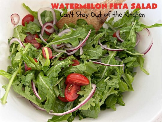 Watermelon Feta Salad | Can't Stay Out of the Kitchen | this fantastic #salad is #healthy, #SugarFree, #GlutenFree & #LowCalorie. It's fabulous to whip up for potlucks or company but easy enough for everyday menus. The combination of flavors with the #SaladDressing is mouthwatering & irresistible. #watermelon #GrapeTomatoes #FetaCheese #BalsamicVinaigrette #WatermelonFetaSalad