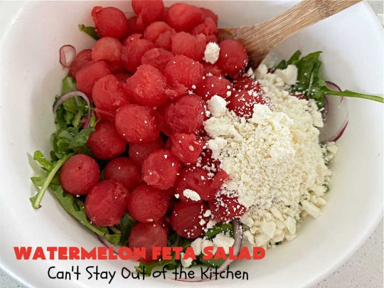 Watermelon Feta Salad | Can't Stay Out of the Kitchen | this fantastic #salad is #healthy, #SugarFree, #GlutenFree & #LowCalorie. It's fabulous to whip up for potlucks or company but easy enough for everyday menus. The combination of flavors with the #SaladDressing is mouthwatering & irresistible. #watermelon #GrapeTomatoes #FetaCheese #BalsamicVinaigrette #WatermelonFetaSalad